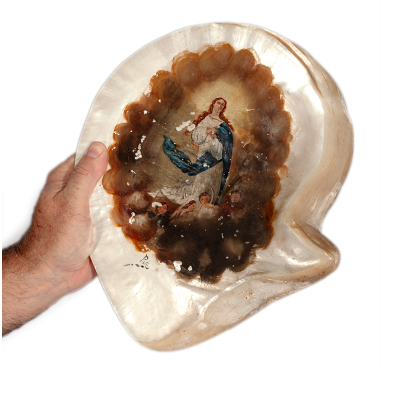 "Inmaculada"; Óleo sobre concha de nácar. Escuela española, siglo XIX