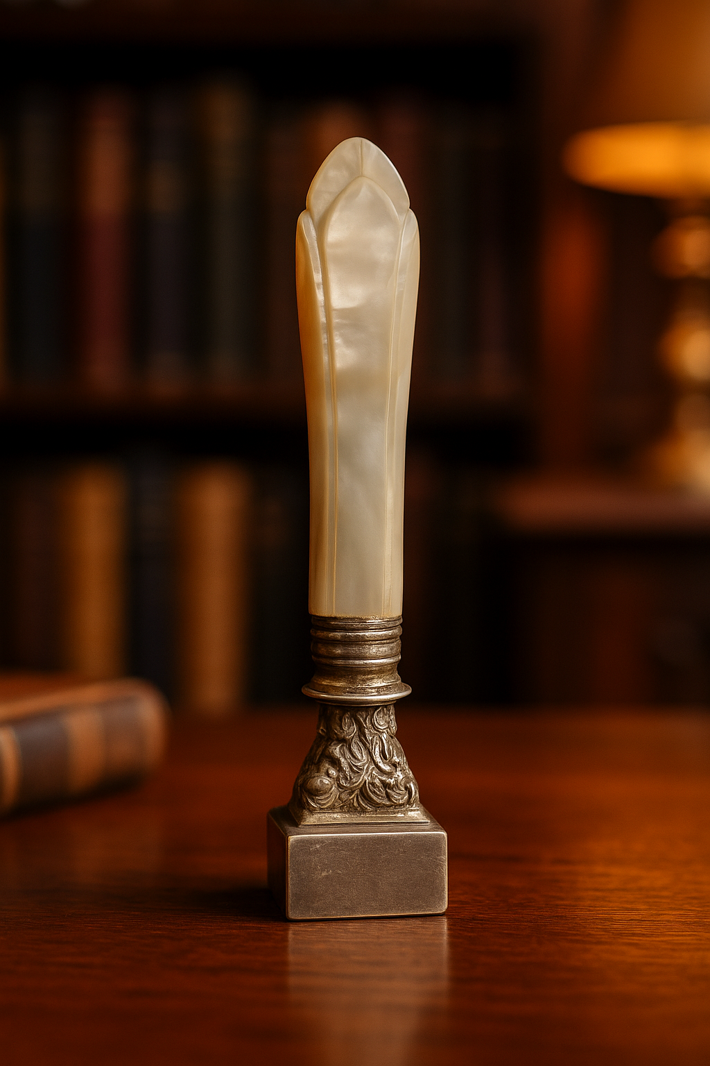 Sello Antiguo con Mango tallado en Nácar (Madre Perla) y Base en Plata