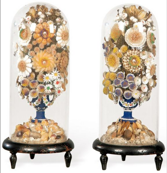 Pareja de floreros de conchas bajo cúpula de cristal. Siglo XIX