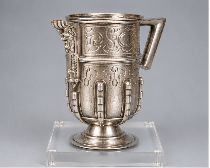 Jarra de pico española en plata cincelada, siglo XIX