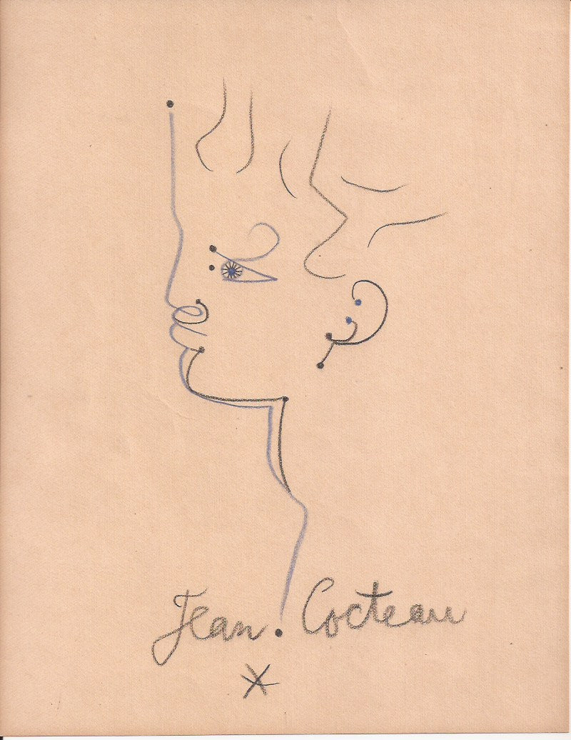 Cocteau, Jean; Original Signed Crayon Drawing  Title "Antinous" 1957